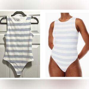 Aritzia Babaton Contour Muscle Striped Bodysuit in Snow Cement Blue Size Medium
